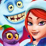 赤い帽子をかぶった女性と雪男、そして小さな紫色の生き物が描かれているイラスト。