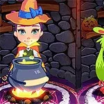 魔女の帽子をかぶったキャラクターが大釜の前に立ち、右側には緑色のモンスターがいる。