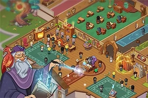 杖を持った魔法使いが教室で生徒たちを指導しているアニメーションスタイルのイメージ。