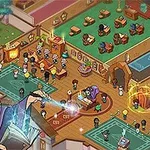 杖を持った魔法使いが教室で生徒たちを指導しているアニメーションスタイルのイメージ。