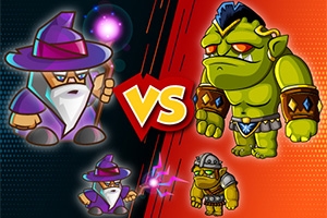 魔法使いと戦士がオークやトロールと対戦するイラスト。