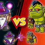 魔法使いと戦士がオークやトロールと対戦するイラスト。