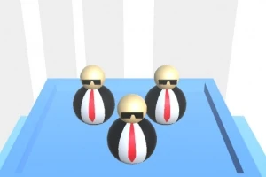 サングラスをかけた3人のキャラクターが、黒いスーツと赤いネクタイを身につけて青いステージに立っている。