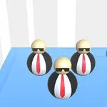サングラスをかけた3人のキャラクターが、黒いスーツと赤いネクタイを身につけて青いステージに立っている。