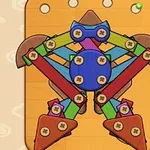 カラフルな木製パーツとネジで作られた幾何学的な図形のアセンブリ。
