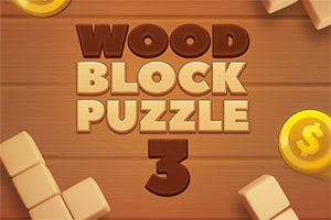 木製のブロックと金色のコインが並び、中央に「WOOD BLOCK PUZZLE 3」の文字が配置されたデザイン。