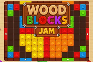 カラフルな木製ブロックが格子状に並ぶパズル画面の上に「WOOD BLOCKS JAM」のタイトル文字が大きく表示されている。