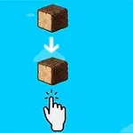 茶色いブロックが青い背景の中央に重なるように配置されていて、下にはクリックを示す白い手のアイコンがあります。
