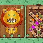 木製のボードにボタンで留められた蜂、ライオン、糸の模様が描かれているイラスト。