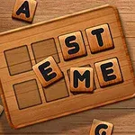 木製の背景に、アルファベットの文字が書かれたタイルが並べられたボードゲーム。