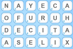 青い枠で囲まれた5x5のグリッドにアルファベットが配置され、各アルファベットに小さな数字が付いている画像。