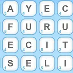 青い枠で囲まれた5x5のグリッドにアルファベットが配置され、各アルファベットに小さな数字が付いている画像。
