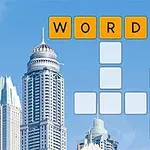 都市の高層ビルの背景に、空に浮かぶクロスワードパズルのようなグリッドと「WORD」という文字が表示されている画像。