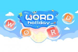 青空の下で泡に囲まれた「WORD holiday」という文字があり、雲と遊び心あるイラストが描かれています。