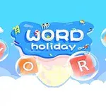 青空の下で泡に囲まれた「WORD holiday」という文字があり、雲と遊び心あるイラストが描かれています。
