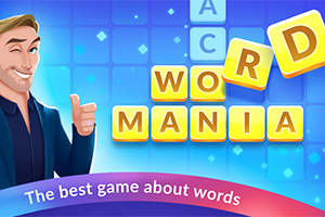 青い背景に笑顔の男性と、「WORD MANIA」と書かれた黄色のブロック文字。