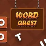 茶色の背景に「WORD QUEST」と書かれた看板と、文字が描かれたオレンジ色のタイル。