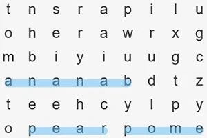 単語検索パズルに「banana」「pear」「pome」という単語が青い線で示されています。
