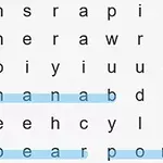 単語検索パズルに「banana」「pear」「pome」という単語が青い線で示されています。