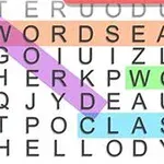 カラフルにマークされた文字列が含まれた単語検索パズルの画像。