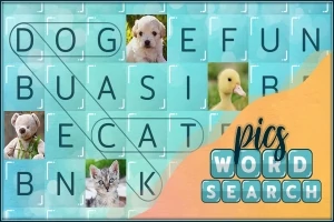 青い背景に動物の写真と文字のワードサーチパズルが配置されている画像。