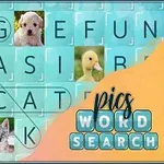 青い背景に動物の写真と文字のワードサーチパズルが配置されている画像。