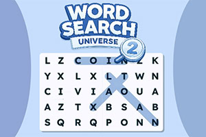 青い背景に「WORD SEARCH ADVENTURES 2」のロゴと、文字探しのアルファベットグリッドが表示された画面。
