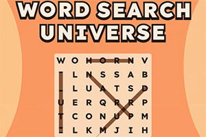 オレンジ色の背景に「WORD SEARCH UNIVERSE」の文字と、虫眼鏡で囲まれた英字の単語探しグリッド。