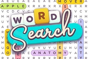 カラフルな背景に「WORD SEARCH」と書かれたテキストと、いくつかの英単語が強調された文字探しパズル。