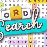 カラフルな背景に「WORD SEARCH」と書かれたテキストと、いくつかの英単語が強調された文字探しパズル。