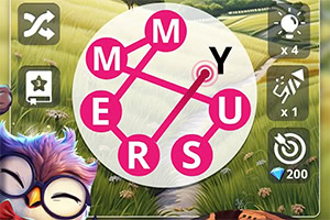 ピンクの文字で「M」「E」「R」「Y」「U」「S」をつなぐ線が描かれたパズルゲームのスクリーンショット。