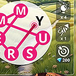 ピンクの文字で「M」「E」「R」「Y」「U」「S」をつなぐ線が描かれたパズルゲームのスクリーンショット。