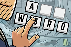 指で「A WORD」と並べられたブロックを指しているイラスト。