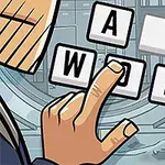 指で「A WORD」と並べられたブロックを指しているイラスト。
