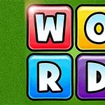 緑色の背景に、赤、黄色、水色、紫の四角いブロックが「WORD」という文字を組んで配置されています。