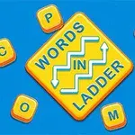 青い背景に黄色い菱形の中に「WORDS IN LADDER」と書かれ、周囲に「C」「P」「H」「A」「M」の文字が描かれたオレンジ色の四角形が散らばっている。