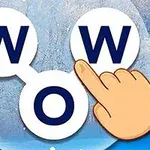 青い背景に白い円が三つあり、「W」「O」「W」の文字が表示され、指が中央の文字に触れているイラスト。