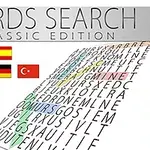 単語検索パズルの画像と複数の国旗が並んでいる。