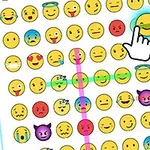 多数の異なる表情の絵文字が並び、指が笑顔の絵文字を指している様子。