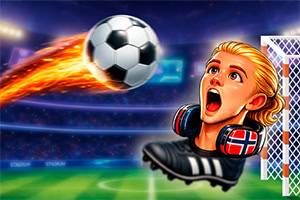 炎をまとったサッカーボールが、驚いた表情の金髪の選手とゴールへ向かって飛んでいるイラスト。