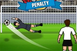 サッカーゴールに飛び込むキーパーとボールを見ているプレイヤー。