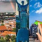 4つの都市のランドマーク、虹、彫像、手が並んだコラージュ画像。