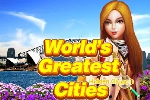 金髪の女性キャラクターとシドニーのオペラハウスを背景に、大きな黄色の文字で「Worlds Greatest Cities」と書かれている。