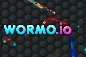 黒い六角形の背景にカラフルなヘビと「WORMO