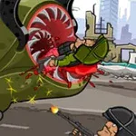 巨大な緑色のモンスターが兵士を飲み込もうとしている様子で、別の兵士が銃で攻撃している。