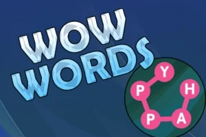 青い背景に「WOW WORDS」という白と青のロゴと、文字を繋げた円形のパズルアイコンが描かれている画像。