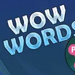 青い背景に「WOW WORDS」という白と青のロゴと、文字を繋げた円形のパズルアイコンが描かれている画像。