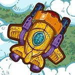 青空の中を飛ぶカラフルなイラストの宇宙船。