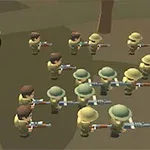 緑色の装甲車と、銃を持った多くの小さな兵士たちが並んでいる。
