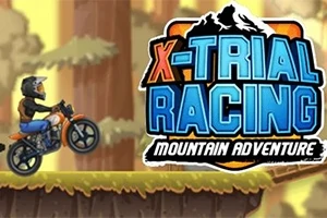 オートバイに乗ったキャラクターが森の中の突き出た崖を走行しているイラストと、「X-TRIAL RACING MOUNTAIN ADVENTURE」というタイトルのロゴ。